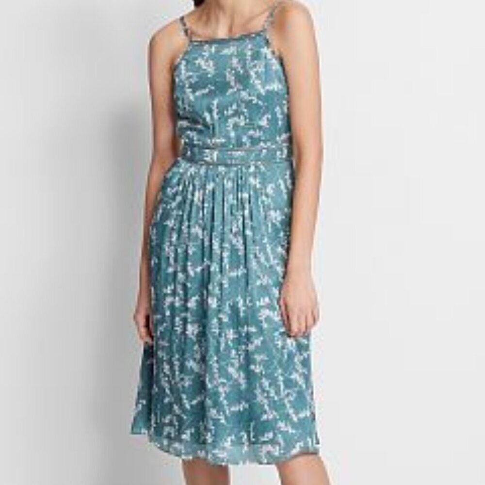 Club Monaco 100% Silk Square Neck Dress Size 4 Teal/White Florals